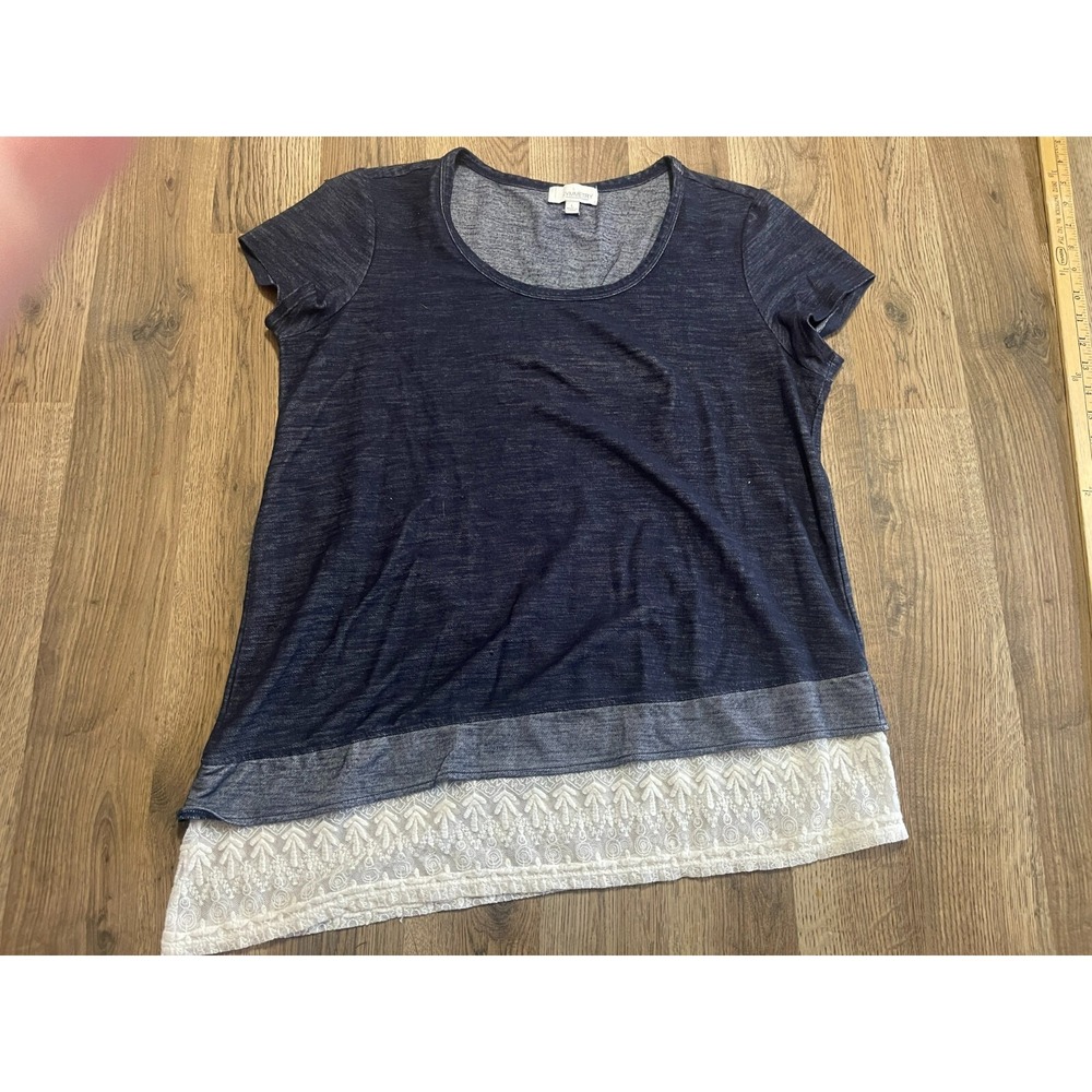 Symmetry Shirt, Women's Size Large, Blue, White Lace, Asymmetric Floral Lace Hem